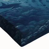 Close-up of a vibrant stretched canvas wall art piece featuring an orca design, showcasing intricate marine life details and rich colors, perfect for ocean-themed decor.