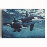 Stretched canvas wall art featuring a beautifully illustrated orca design, showcasing vibrant colors and intricate details, perfect for marine life enthusiasts.