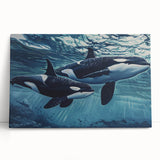 Stretched canvas wall art showcasing a vibrant orca design, featuring deep blue ocean tones and detailed marine life elements, perfect for enhancing coastal decor.