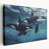Stretched canvas wall art showcasing a vibrant orca design, displaying intricate marine life details and rich colors, perfect for ocean-themed decor and art lovers.