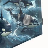 Close-up of a vibrant marine life wall art piece featuring a detailed orca design on acrylic glass, showcasing rich colors and intricate textures, perfect for ocean-themed decor.