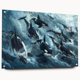 Orca design wall art collection displayed in a side view, featuring vibrant marine life colors on acrylic glass, secured with decorative pins for a modern look.