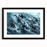 Framed wall art featuring a striking orca design in a marine life theme, with a black frame and mat, showcasing vibrant colors and intricate details perfect for ocean-themed decor.