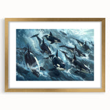 Elegant framed wall art showcasing a marine life orca design with a gold mat, perfect for ocean-themed decor. Ideal for adding a touch of sophistication to any room.