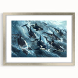 Orca-themed wall art framed in silver, showcasing intricate marine life designs with a white mat, perfect for adding a touch of oceanic elegance to home decor.