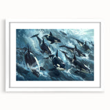 Framed wall art featuring a stunning orca design from the Marine Life collection, showcasing vibrant colors and intricate details, set against a white mat.
