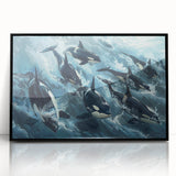 Framed acrylic wall art featuring a striking orca design with vibrant marine life elements, set against a sleek black frame, perfect for ocean-themed decor.