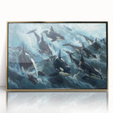 Framed wall art featuring a stunning orca design in vibrant colors, set in a sleek gold frame, showcasing marine life elegance for modern decor.