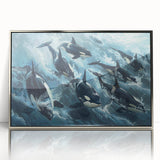Framed acrylic wall art showcasing a stunning orca design, featuring intricate marine life details and a sleek silver frame, perfect for ocean-themed decor.