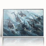 Framed acrylic wall art featuring a striking orca design surrounded by vibrant marine life, set against a white background, perfect for ocean lovers’ decor.
