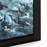 Close-up of a framed canvas wall art featuring a striking orca design, showcasing vivid colors and intricate details, ideal for marine life enthusiasts and home decor.