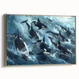 Framed canvas wall art featuring a striking orca design, showcasing intricate marine life details and a gold border, perfect for ocean-themed decor.