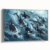 Framed wall art featuring a stunning orca design, showcasing intricate marine life details in vibrant colors on a sleek silver background, perfect for ocean-themed decor.