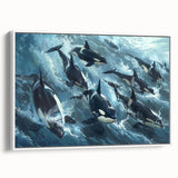 Framed canvas wall art featuring a striking orca design in a contemporary marine life theme, set against a white background, showcasing vibrant colors and intricate details. Perfect for ocean lovers and modern home decor enthusiasts.