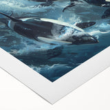 Orca wall art design on rolled canvas showcasing vibrant marine life colors, perfect for ocean-themed decor; packaged securely for safe delivery.