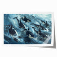 Orca wall art print featuring vibrant marine life design, showcasing a striking illustration of an orca whale against a blue ocean background, ideal for ocean-themed decor.
