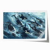 Orca wall art print featuring vibrant marine life design, showcasing a striking illustration of an orca whale against a blue ocean background, ideal for ocean-themed decor.