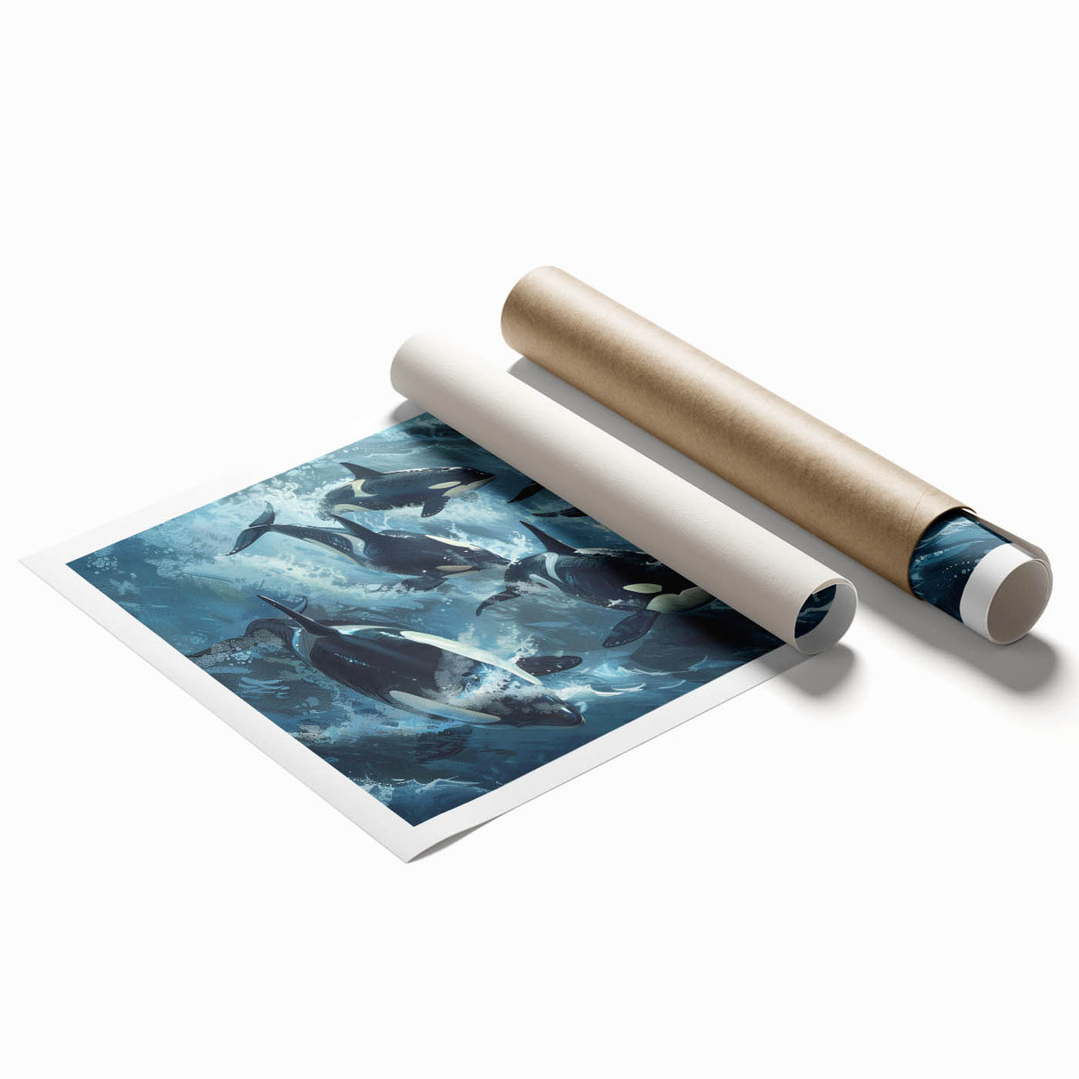 Vibrant wall art print featuring a majestic orca surrounded by colorful marine life, ideal for ocean-themed decor, showcasing intricate details and lively colors.