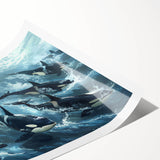 Orca wall art print showcasing vibrant marine life design with deep blue and black hues, perfect for aquatic-themed decor. Ideal for ocean lovers and art enthusiasts.