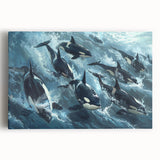 Stretched canvas wall art showcasing a vibrant orca design in marine life theme, featuring bold colors and intricate detailing, perfect for ocean lovers' decor.