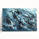 Stretched canvas wall art featuring a detailed orca design, showcasing vibrant ocean colors and marine life elements, perfect for enhancing coastal-themed decor.