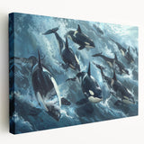 Stretched canvas wall art showcasing a vibrant orca design, featuring deep blue and black hues against a textured background, perfect for marine life enthusiasts.