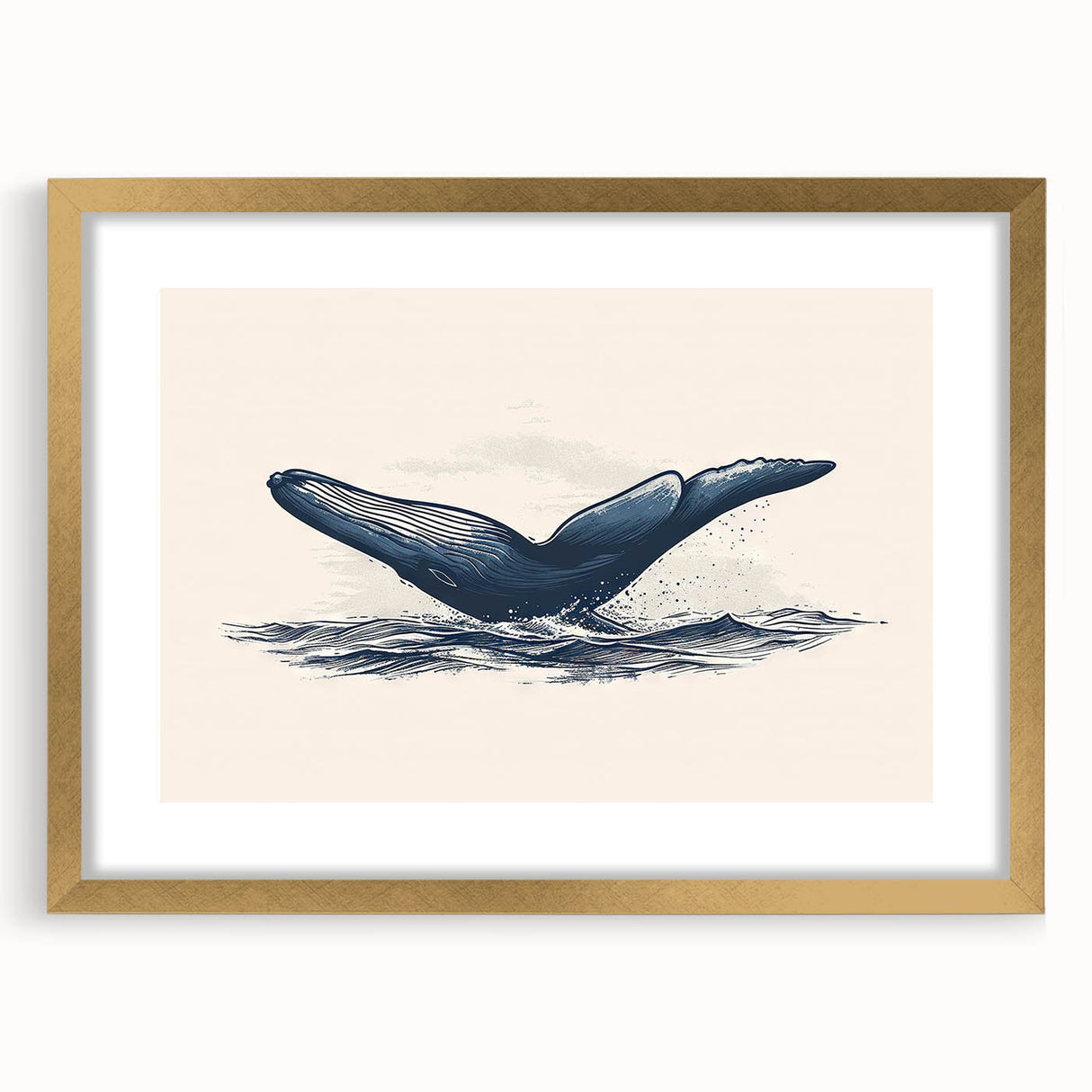 Orca wall art collection featuring a striking gold frame and mat, showcasing detailed marine life illustrations. Perfect for ocean-themed decor and nature enthusiasts.
