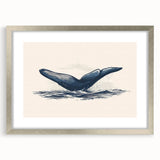Framed marine life wall art featuring an orca design, showcased in a silver frame with a mat, ideal for ocean-themed decor in modern interiors.