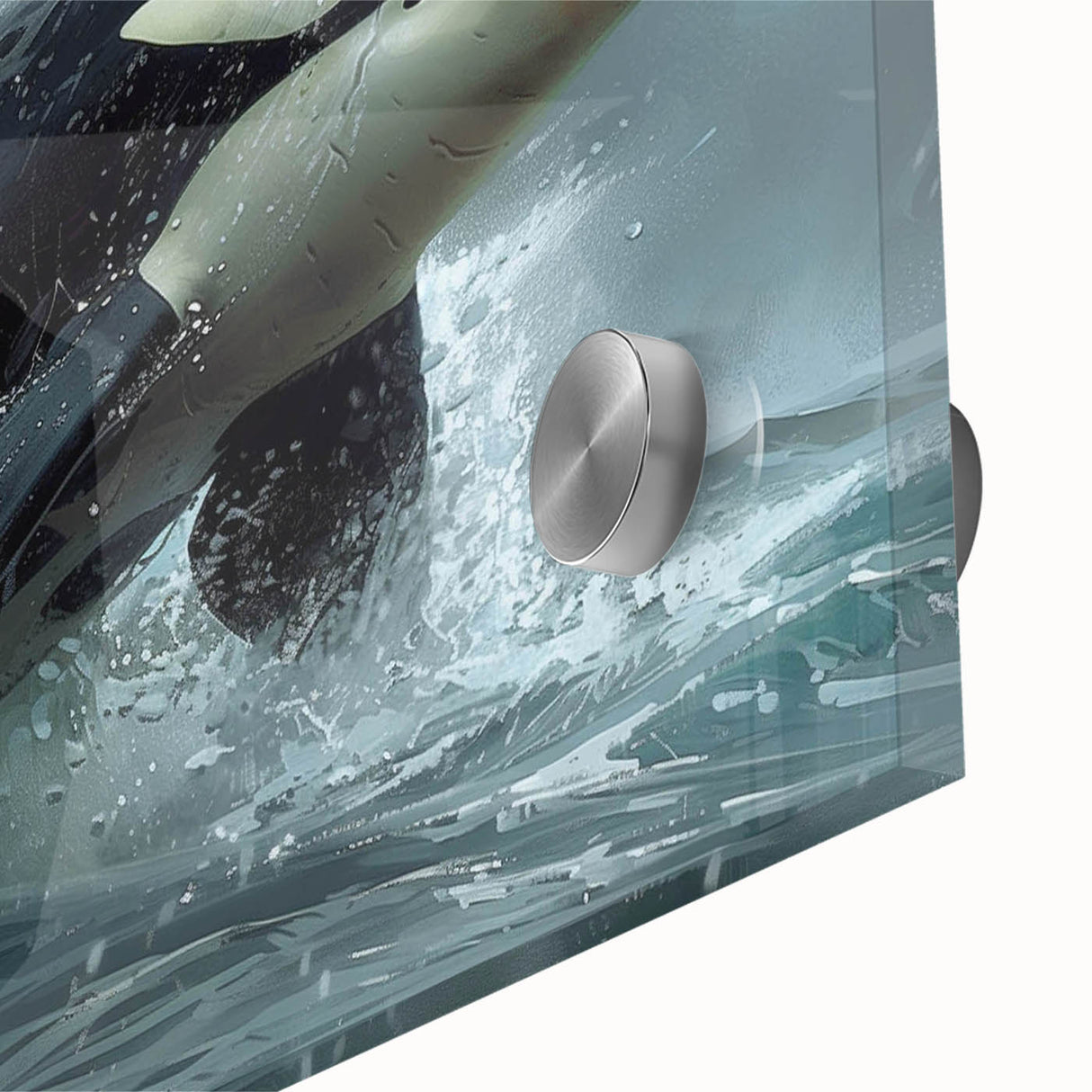 Close-up of a vibrant acrylic wall art piece showcasing a stunning orca design, highlighting intricate marine life details on a sleek glass surface, ideal for ocean-themed decor.