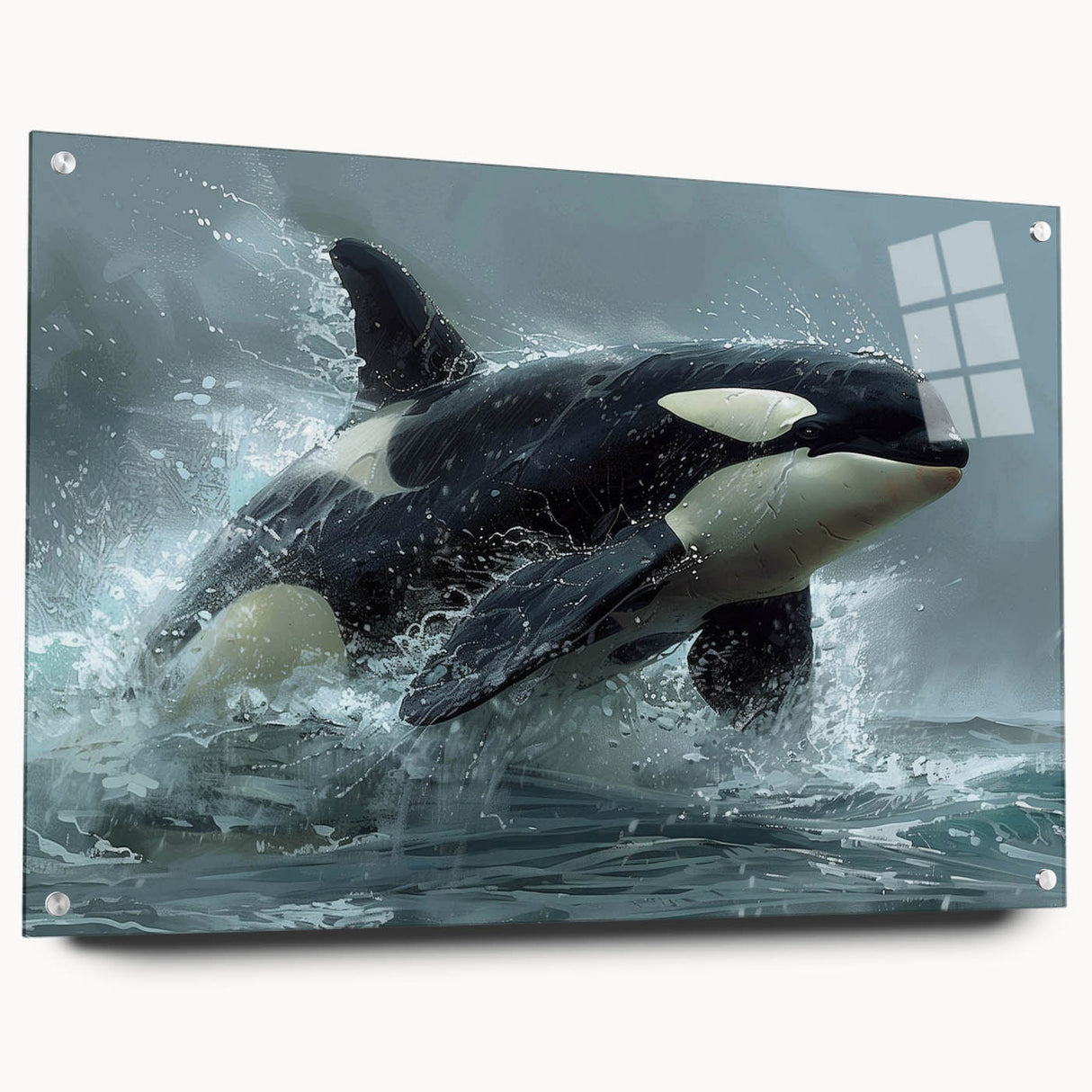 Side view of a marine life-themed wall art collection featuring an orca design, crafted from acrylic glass, showcasing vibrant colors and elegant pins for easy hanging.