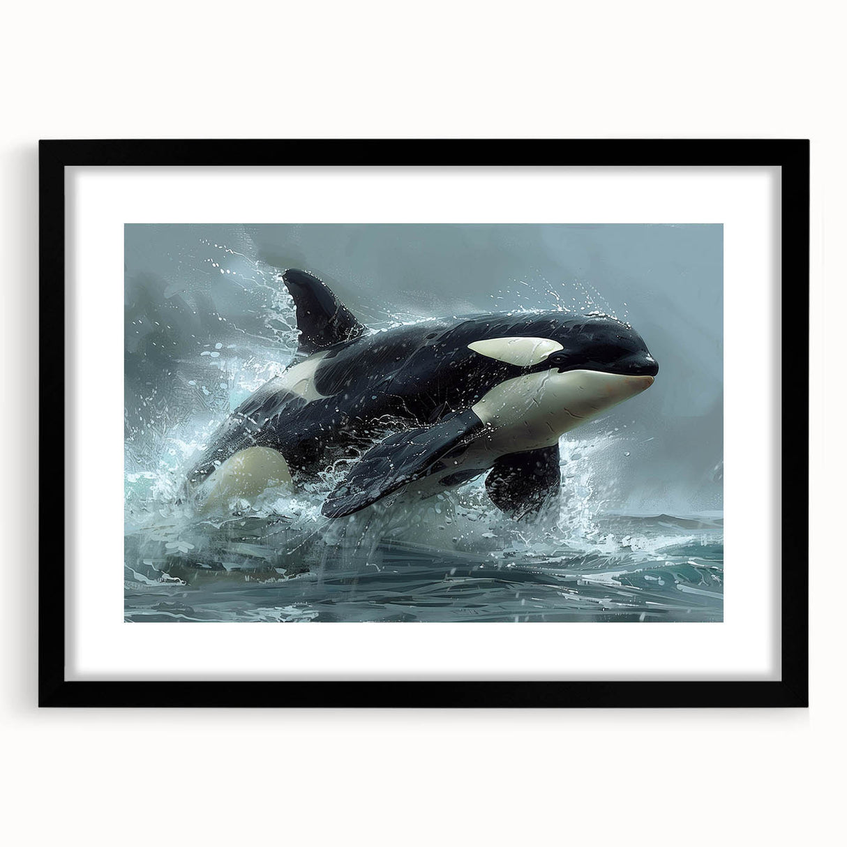 Framed wall art showcasing a stunning orca design from the marine life collection, featuring a black frame and mat, perfect for ocean-themed decor.