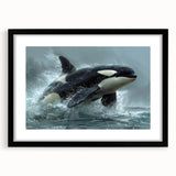 Framed wall art showcasing a stunning orca design from the marine life collection, featuring a black frame and mat, perfect for ocean-themed decor.