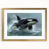 Framed wall art featuring a striking orca design in vibrant colors, elegantly displayed with a gold mat, perfect for marine life enthusiasts and home decor.