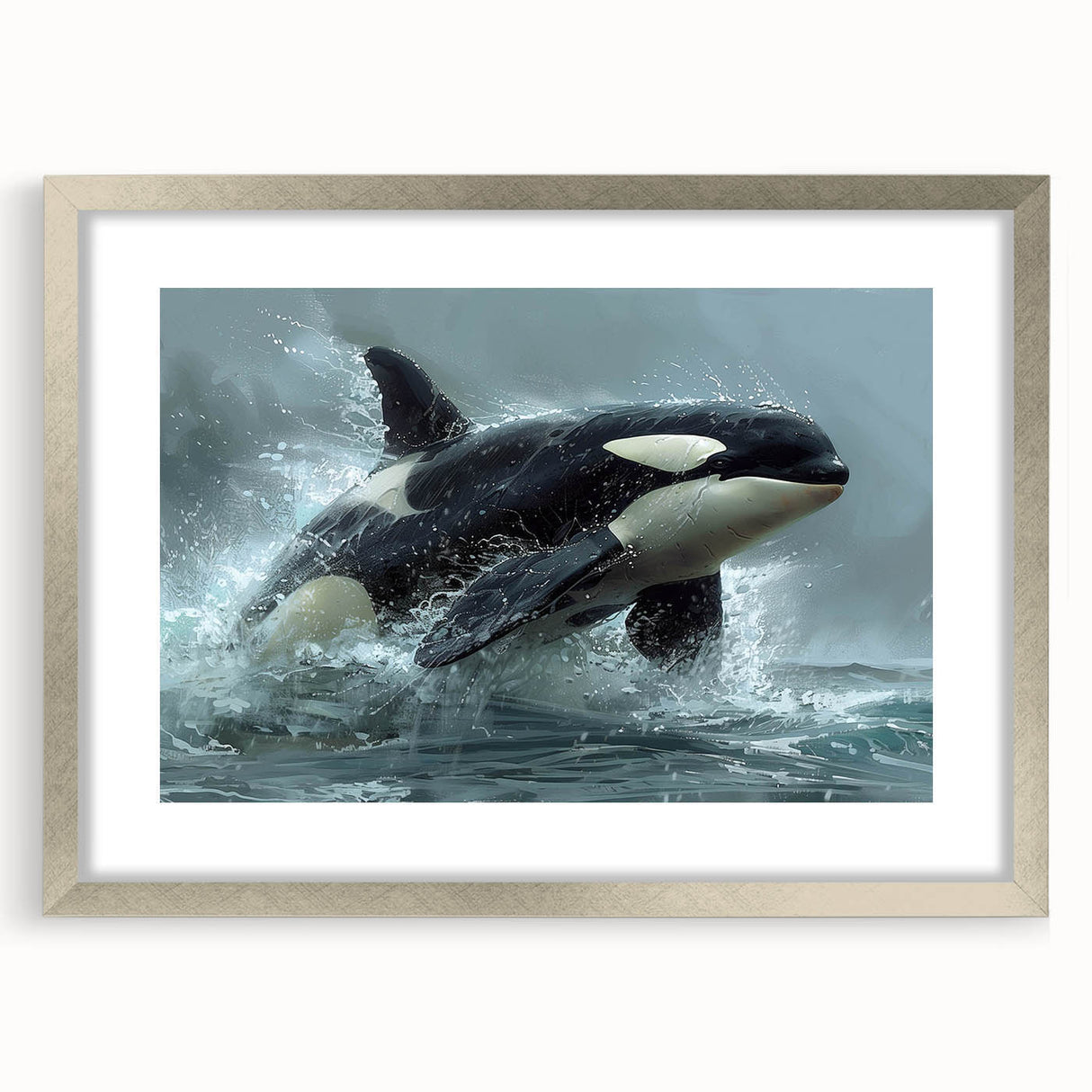 Framed wall art collection featuring a striking orca design, set in a sleek silver frame with a white mat, showcasing marine life in vibrant colors. Perfect for ocean-themed decor.