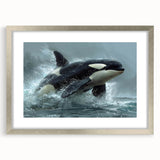 Framed wall art collection featuring a striking orca design, set in a sleek silver frame with a white mat, showcasing marine life in vibrant colors. Perfect for ocean-themed decor.