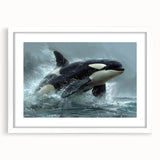Framed marine life wall art collection featuring a striking orca design, set in a white mat and frame, ideal for ocean-themed decor and nature enthusiasts.