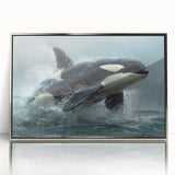 Framed wall art collection showcasing a stunning orca design in vibrant colors, set in a sleek silver frame, ideal for marine life enthusiasts and modern decor.