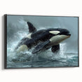 Framed canvas wall art featuring a striking orca design in vibrant colors, showcased from a black side view, perfect for marine life enthusiasts.
