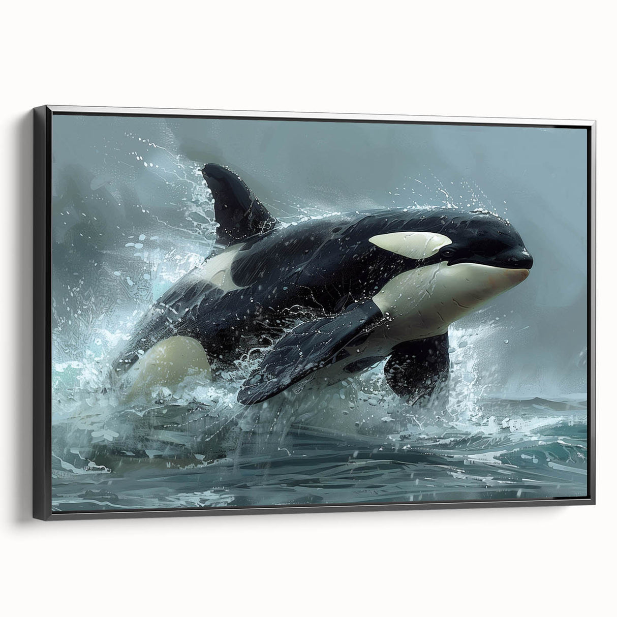 Framed canvas wall art featuring a striking orca design in vibrant colors, showcased from a black side view, perfect for marine life enthusiasts.