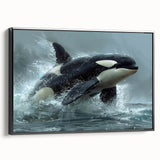 Framed canvas wall art featuring a striking orca design in vibrant colors, showcased from a black side view, perfect for marine life enthusiasts.