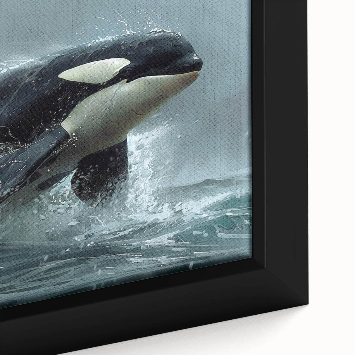 Close-up of a framed canvas wall art featuring a stunning orca design, showcasing vibrant blues and intricate marine life details, perfect for ocean-themed decor.