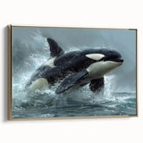 Framed canvas wall art featuring a striking orca design, showcasing vibrant marine life colors and gold accents, perfect for ocean-themed home decor.
