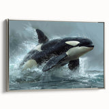 Framed wall art featuring an orca design, showcasing vibrant marine life colors and intricate details, set against a sleek silver frame for a modern touch.