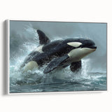 Framed wall art depicting an orca surrounded by marine life, showcasing vibrant colors and intricate details, perfect for enhancing coastal-themed decor.