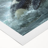 Orca design wall art on rolled canvas showcases vibrant marine life colors, ideal for ocean-themed decor. Packaged securely for art enthusiasts and collectors.