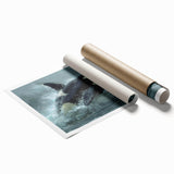 Orca wall art print featuring a stunning marine life design, showcasing a detailed illustration of an orca in vibrant colors. Ideal for ocean-themed decor.