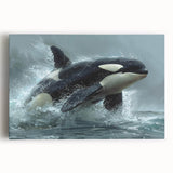 Stretched canvas wall art featuring a vibrant orca design, showcasing intricate details of marine life against a serene ocean backdrop, perfect for coastal decor enthusiasts.