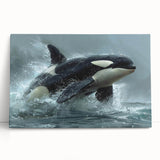 Stretched canvas wall art featuring a vibrant orca design, showcasing marine life in rich colors, ideal for ocean-themed decor in living spaces.