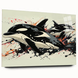 Orca wall art design on acrylic glass, showcasing vibrant marine life colors and intricate details, ideal for ocean-themed decor or art enthusiasts.