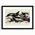 Orca design wall art collection framed with a black mat, showcasing vibrant marine life illustration, perfect for coastal-themed decor.
